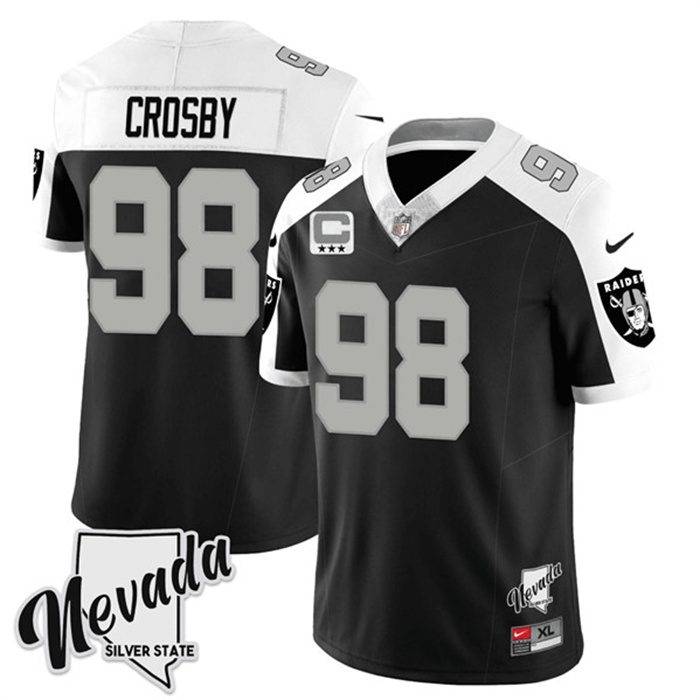 Men's Las Vegas Raiders #98 Maxx Crosby Black/White 2023 F.U.S.E Nevada Silver Stat With 3-Star C patch Stitched Football Jersey